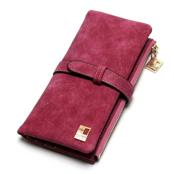 Cheaper!! New Fashion Women Wallets Drawstring Nubuck Leather Zipper Wallet Women's Long Design Purse Two Fold More Color Clutch