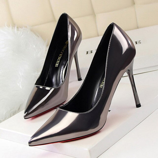 Thin Heel Patent Leather Pumps Lady Fashion High Heel Pointed Toe Single Shoes Black
