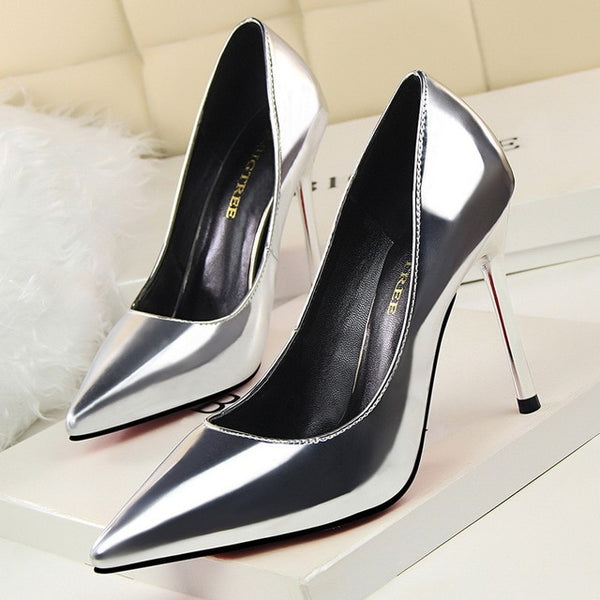 Thin Heel Patent Leather Pumps Lady Fashion High Heel Pointed Toe Single Shoes Black
