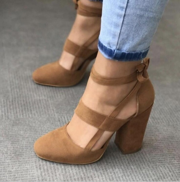 Size Female Ankle Strap High Heels Flock Gladiator Shoes Thick Heel Fashion Women Party Wedding Pumps Drop Shipping
