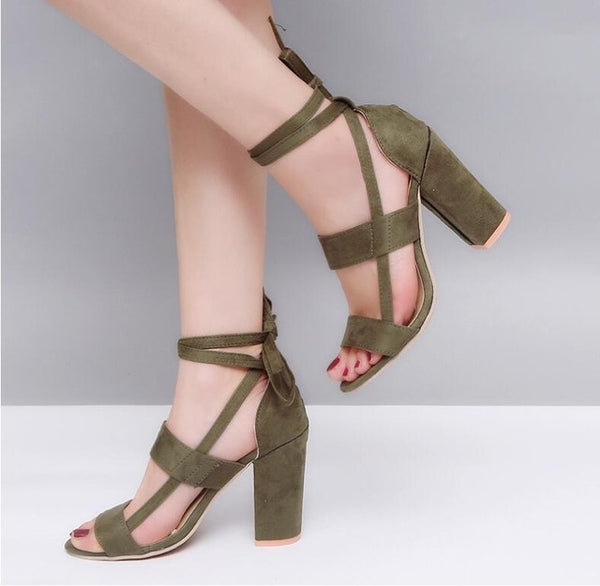 Size Female Ankle Strap High Heels Flock Gladiator Shoes Thick Heel Fashion Women Party Wedding Pumps Drop Shipping