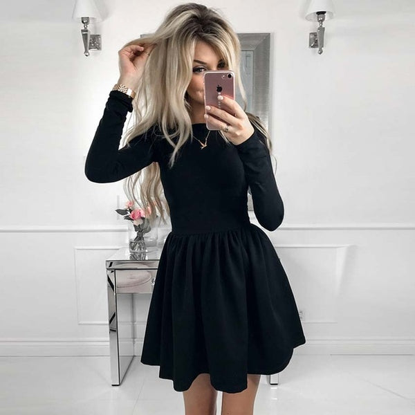 Ahagaga 2019 Spring Dress Women Fashion Solid Red Black O-neck Elegant Sexy Club Casual Cute A-line Dress Women Dresses Vestidos
