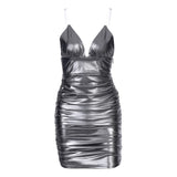 Cryptographic Fashion Straps Sexy Backless Ruched Mini Dresses Sleeveless Christmas Party Clubwear Hot V-Neck Dress Glitter