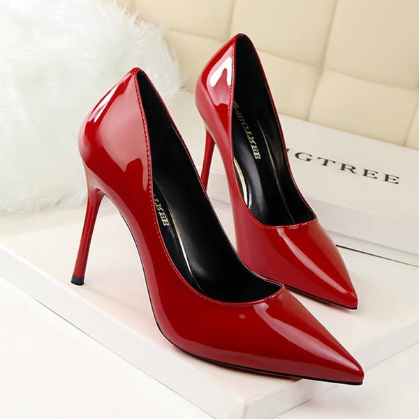 Thin Heel Patent Leather Pumps Lady Fashion High Heel Pointed Toe Single Shoes Black
