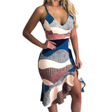 Sexy V Neck Sleeveless Sling Irregular Hem Ruffled Wrap Hip Women Dress Holiday Slim Waist Fashion Daily Printed Gift Party