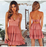 Summer Women Lace Dress Sexy Backless V-neck Beach Dresses 2020 Fashion Sleeveless Spaghetti Strap White Casual Mini Sundress