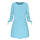 Women Fashion O-neck Solid Bow Elegant Straight Dress Spring Loose Mini Dresses 3/4 Sleeve Bow comfortable Plus Size