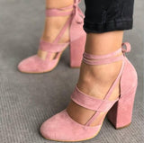 Size Female Ankle Strap High Heels Flock Gladiator Shoes Thick Heel Fashion Women Party Wedding Pumps Drop Shipping
