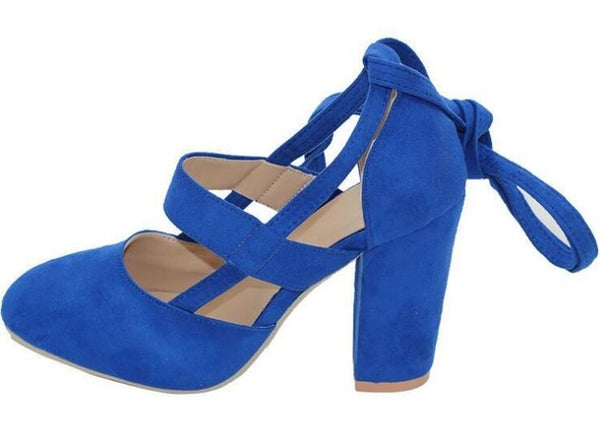 Size Female Ankle Strap High Heels Flock Gladiator Shoes Thick Heel Fashion Women Party Wedding Pumps Drop Shipping