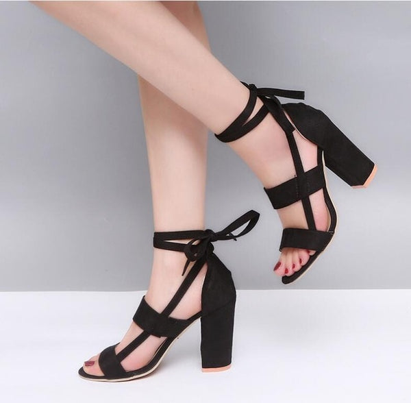 Size Female Ankle Strap High Heels Flock Gladiator Shoes Thick Heel Fashion Women Party Wedding Pumps Drop Shipping