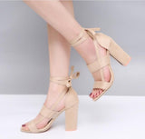 Size Female Ankle Strap High Heels Flock Gladiator Shoes Thick Heel Fashion Women Party Wedding Pumps Drop Shipping