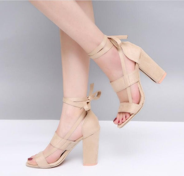Size Female Ankle Strap High Heels Flock Gladiator Shoes Thick Heel Fashion Women Party Wedding Pumps Drop Shipping