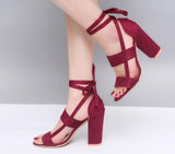 Size Female Ankle Strap High Heels Flock Gladiator Shoes Thick Heel Fashion Women Party Wedding Pumps Drop Shipping