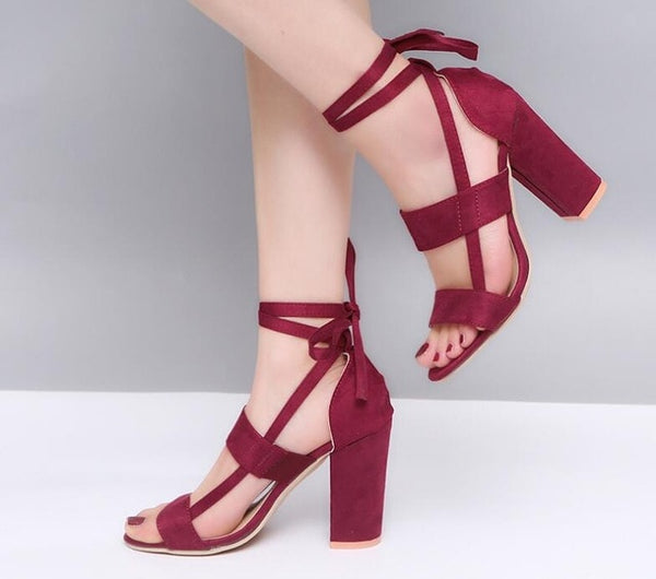 Size Female Ankle Strap High Heels Flock Gladiator Shoes Thick Heel Fashion Women Party Wedding Pumps Drop Shipping