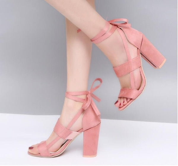 Size Female Ankle Strap High Heels Flock Gladiator Shoes Thick Heel Fashion Women Party Wedding Pumps Drop Shipping