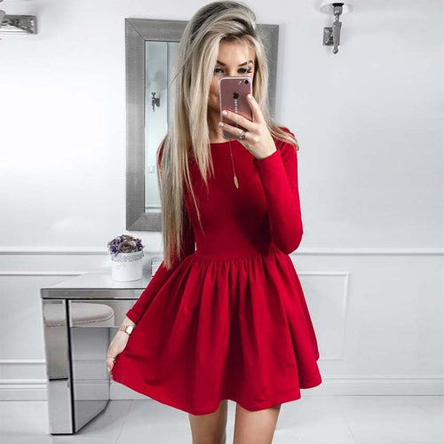 Ahagaga 2019 Spring Dress Women Fashion Solid Red Black O-neck Elegant Sexy Club Casual Cute A-line Dress Women Dresses Vestidos
